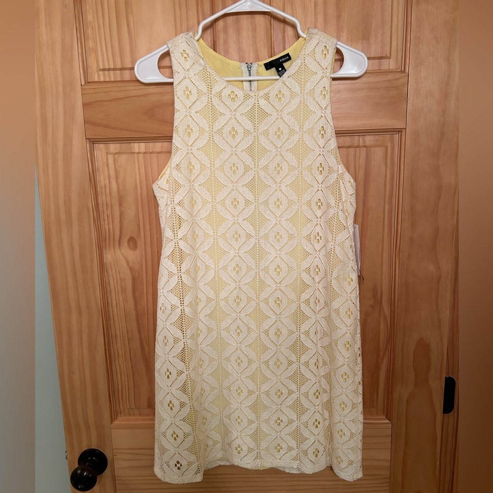 Aqua Cream Lace Overlay Dress with Yellow Lining